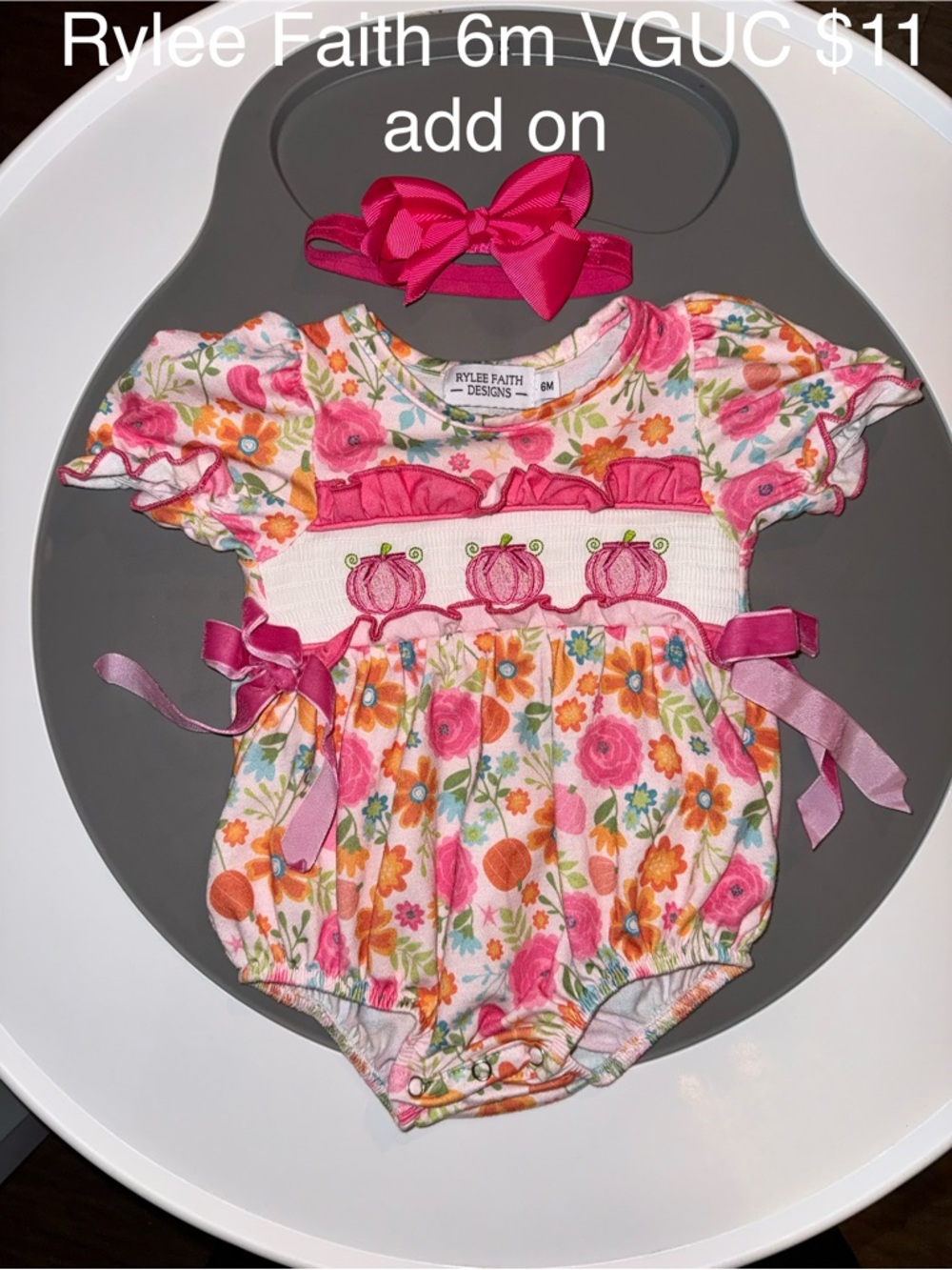 Rylee Faith Fall Floral Pumpkin Smocked Baby Bubble with Headband - Pink Multi